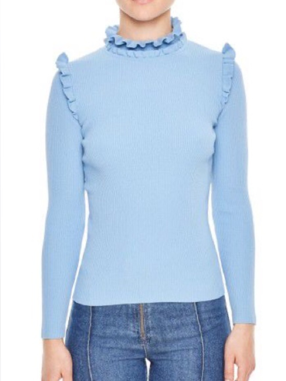Sandro Paris Blue Ribbed Mock Neck Ruffle Long Sleeve Knit Top Size 3 / M